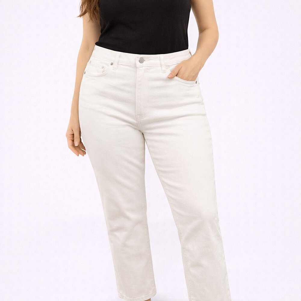 Eileen Fisher White Denim Jeans L Organic Cotton Stretch Straight Leg